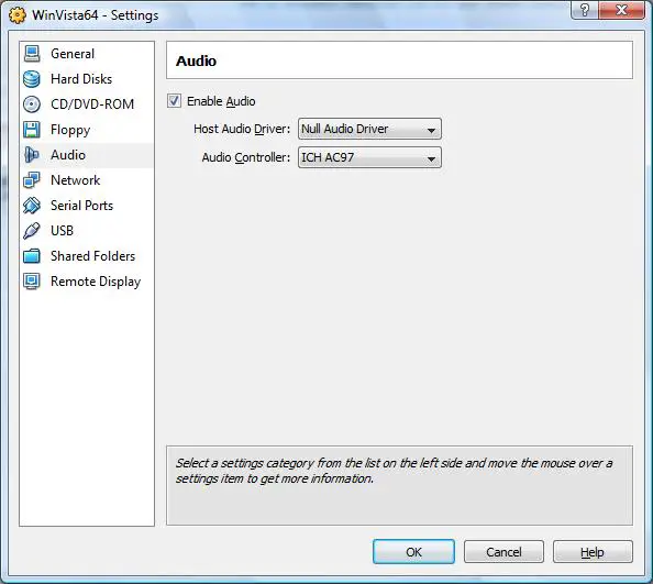 The VirtualBox Audio settings page