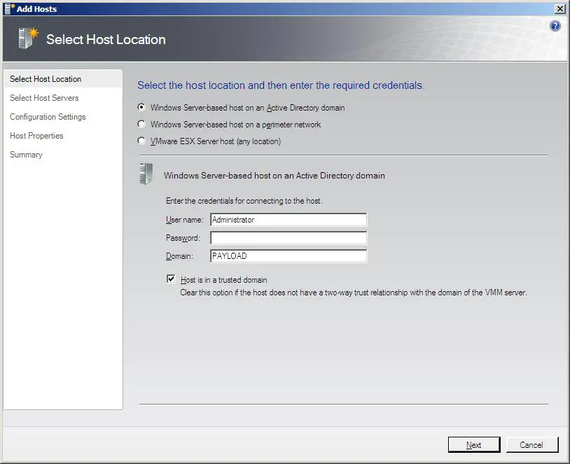 The Select Host Location screen of the VMM Administrator Console Add Hosts Wizard