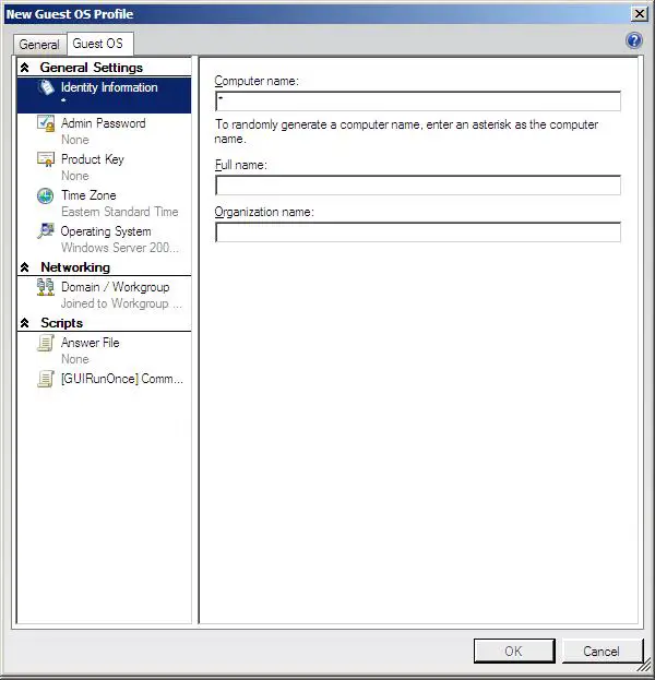 The VMM 2008 guest OS profile settings