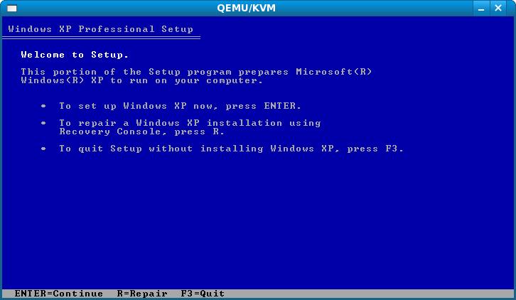 The Windows XP Professional setup process running under KVM