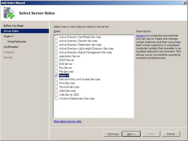 The Windows Server 2008 Roles Selection Wizard with Hyper-V selected
