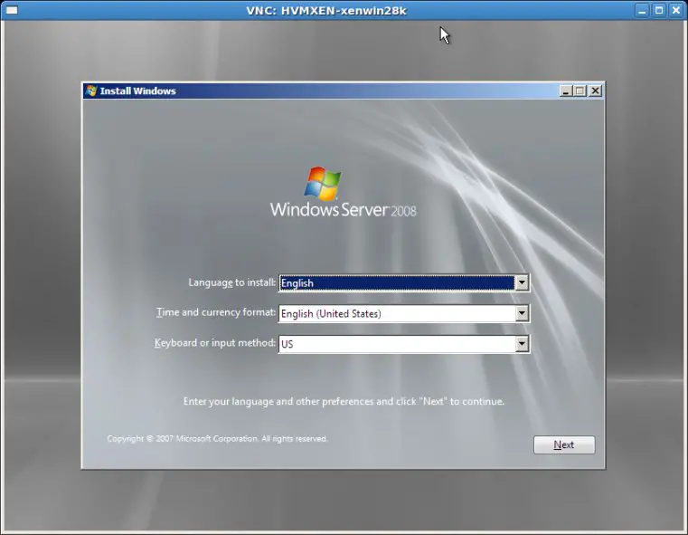 Windows Server 2008 installation viewed using VNC