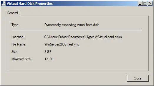 The properties of a Hyper-V Virtual Hard Disk (VHD)