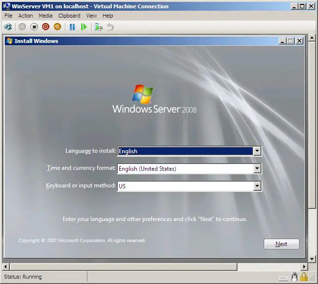 A Hyper-V Virtual Machine Console displayed by Virtual Machine Connection
