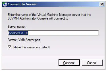 The VMM Administrator Console Connect to Server dialog