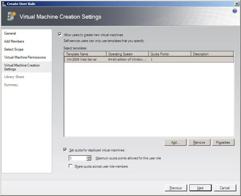 Configuring VMM Self-Service user virtual machine creation templates