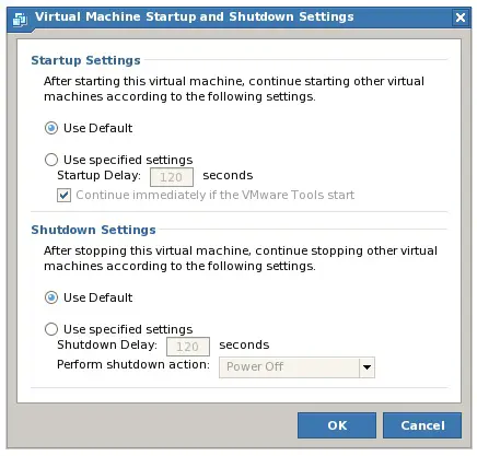 Overriding VMware Server host-wide virtual machine startup and shutdown defaults