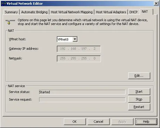 The NAT page of the VMware Virtual Network Editor tool
