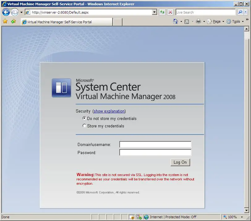 The VMM Self-Service Portal Log in Screen