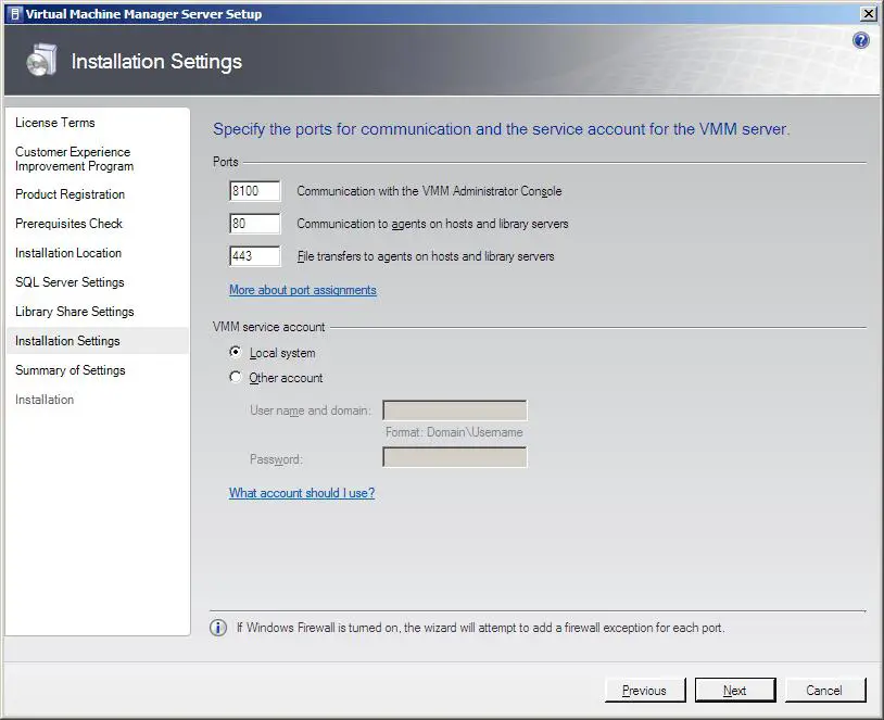 Configuring VMM 2008 port settings
