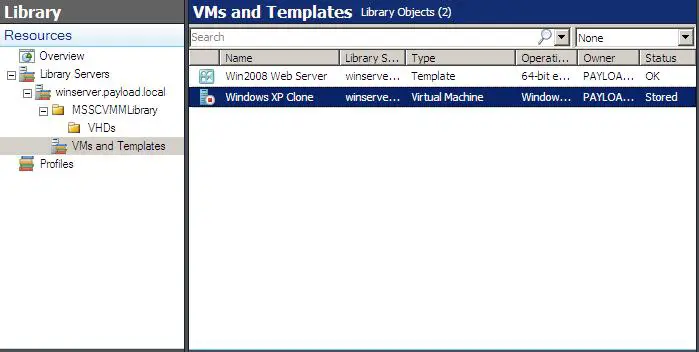 A list of virtual machines stored in the library