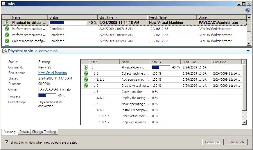 The VMM 2008 P2V wizard summary screen