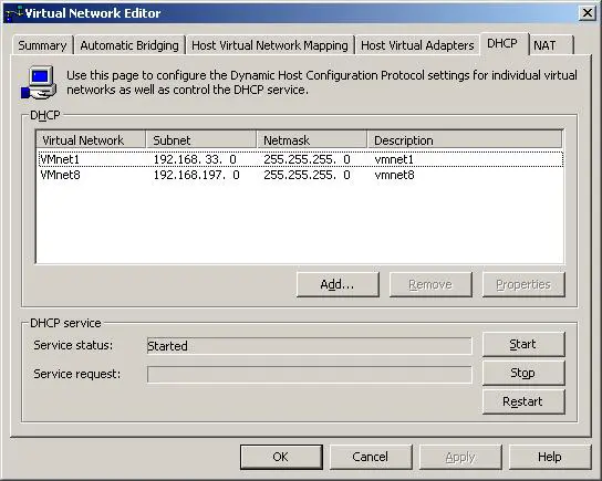 Configuring the DHCP settings on a VMware Server Windows host