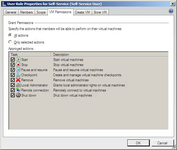 The properties of a VMM 2008 Self-Service user role