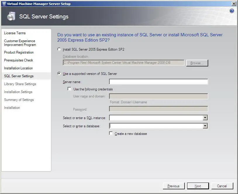 Configuring SQL Server settings during VMM Server Installation
