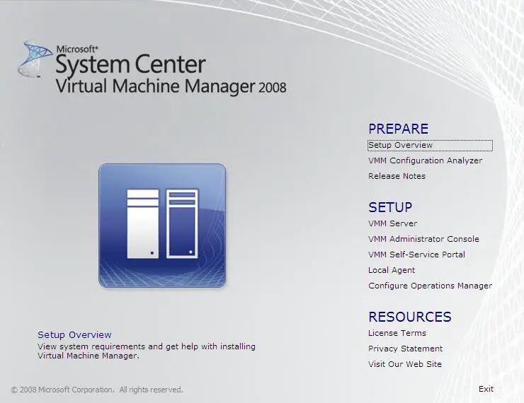 The VMM 2008 Setup menu screen