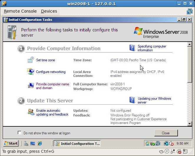 A VMware Remote Console Displaying a Windows Server 2008 Guest