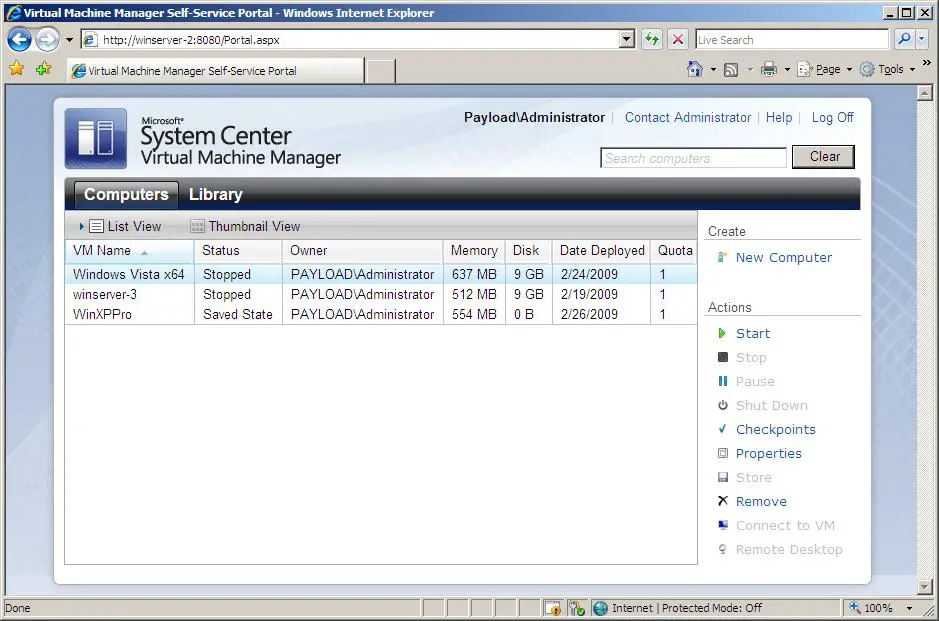 The main page of the VMM Self-Service Portal