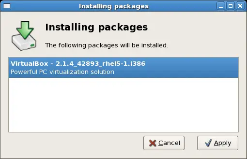 Installing the VirtualBox RPM package using the software installer on Red Hat based systems