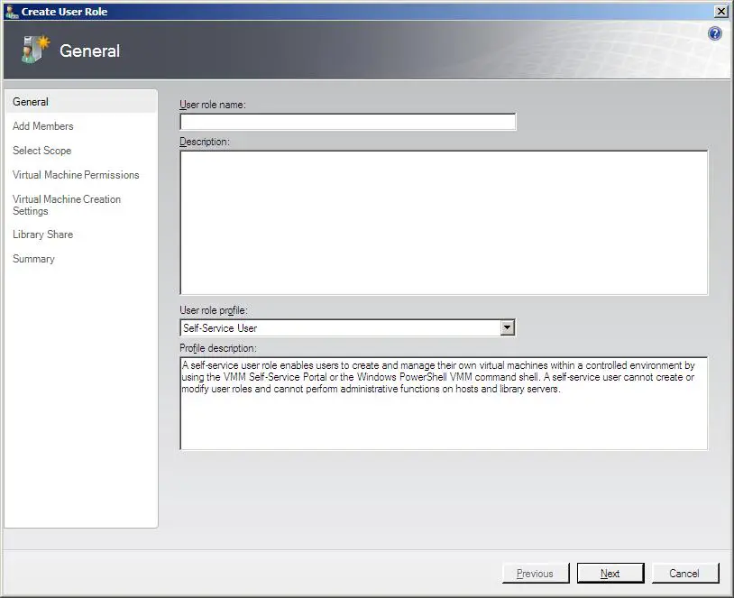 The VMM 2008 New User Role Wizard