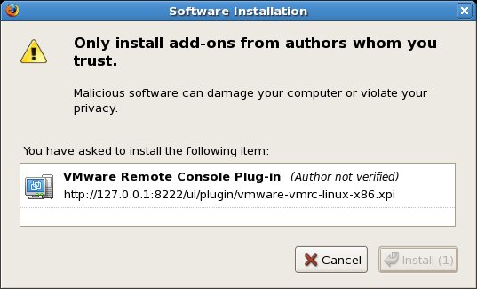 Firefox issues a warning prior to installing the VMware Remote Console Plug-in