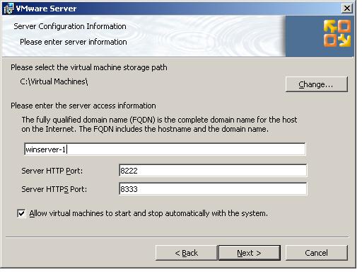 Configuring VMware Server 2.0 server settings during a Windows installation