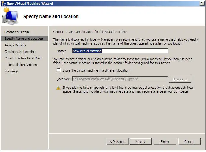 Configuring the name and location of a new Hyper-V virtual machine