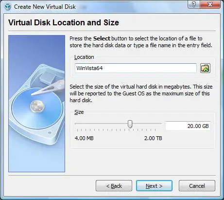 Specifying the size and location of a virtualbox virtual hard disk