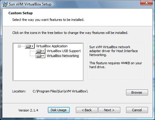 VirtualBox Custom Setup Installation Screen