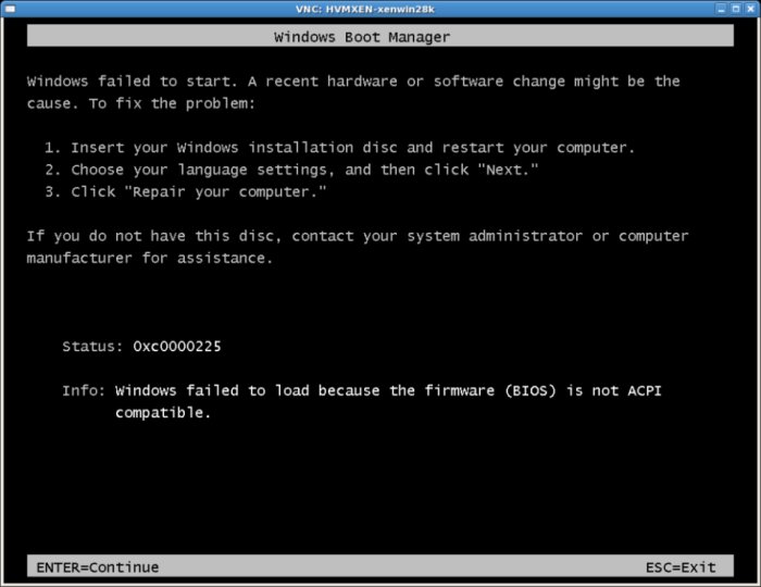 Windows Server 2008 Xen HVM installation fails - Firmware (BIOS) is not ACPI compatible