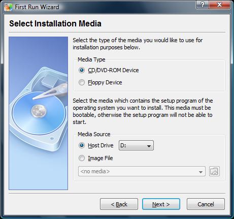 Selecting installation media for a new VirtualBox virtual machine