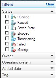 VMM Administrator Console Virtual Machine Status Filters