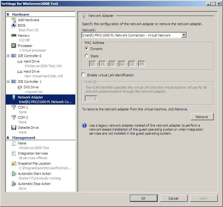 The Hyper-V Manager Network Adapter Settings Screen