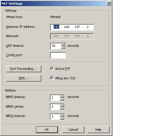 The VMware Virtual Network Editor NAT settings dialog