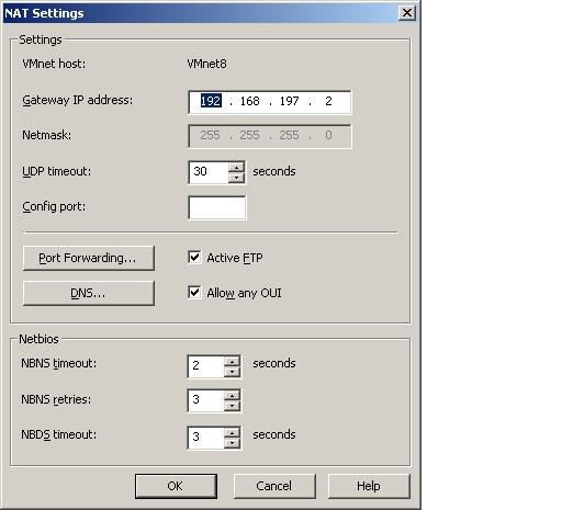 The VMware Virtual Network Editor NAT settings dialog]   Configuring NAT on Linux Hosts  Unfortunately, VMware Server on Linux lacks a user friendly equivalent of the Windows Manage Virtual Networks tool, instead requiring the manual editing of the /etc/vmware/vmnet8/nat/nat.conf file (keeping mind that the vmnet8 name will need to be changed if the settings are to be configured for a custom created virtual network).  The nat.conf file contains a number of different sections, each allowing a different aspect of the NAT device to be configured:   [host]  * ip - The IP address of the NAT device on the virtual network. By default this will be <xxx>.2 where the <xxx> is the subnet address assigned to the virtual network (for example, 172.16.86.2).  * netmask - The subnet mask to be used for the NAT device.  * configport - The port to be used for accessing information about the NAT device. By default this directive is commented out with a # character for security purposes and is supposedly only for use by VMware Inc's technical support staff.  * device - The VMnet virtual network switch to which the NAT device is attached.  * activeFTP - A value of 1 indicates that active FTP sessions (i.e connections initiated by remote FTP servers) are supported. A setting of 0 limits connections to passive sessions.   [udp]  * timeout - The amount of time, in seconds, to keep UDP mapping for the NAT device. This is essentially the amount of time for which the NAT device remembers which virtual machine initiated a specific UDP based connection with an external system. If the external system responds after the timeout period has elapsed, the NAT will no longer know to which virtual machine the data should be forwarded, and the UDP packet will be discarded.   [incomingtcp]  The [incomingtcp] section of the nat.conf file is used to configure TCP port forwarding. This essentially involves mapping an incoming TCP port on the host to the IP address and TCP port of a virtual machine. For example, to map data coming into TCP port 8080 on the host to port 80 on a virtual machine with an IP address of 172.16.86.128, the following directive would need to be entered into the [incomingtcp] section of the configuration file:   8080 = 172.16.86.128:80   As many TCP port forwarding directives as necessary may added to this section of the NAT configuration file.   [incomingudp]  The [incomingudp] section of the nat.conf file is used to configure UDP port forwarding. Similar to the [incomingtcp