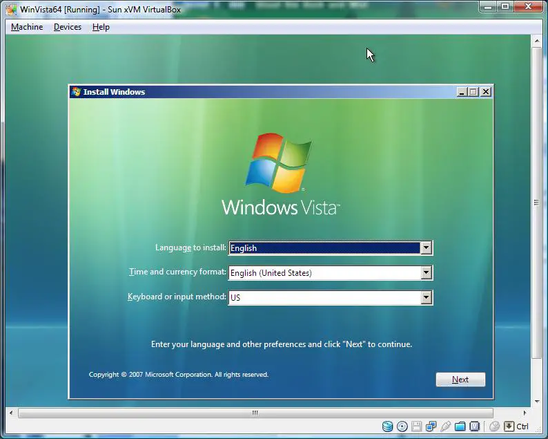 WIndows Vista installation in a VirtualBox virtual machine