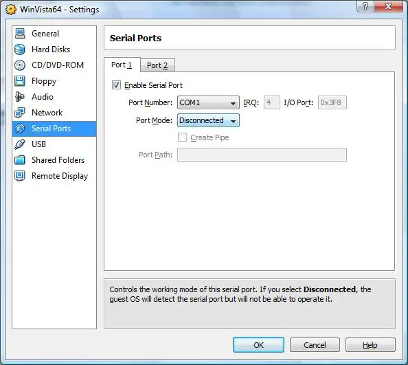 The VirtualBox Serial Port settings page