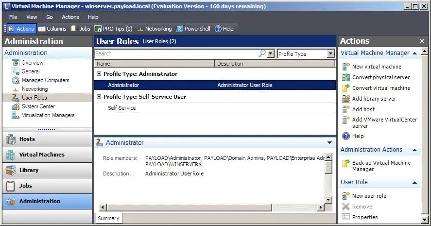 Currently configured VMM 2008 user roles