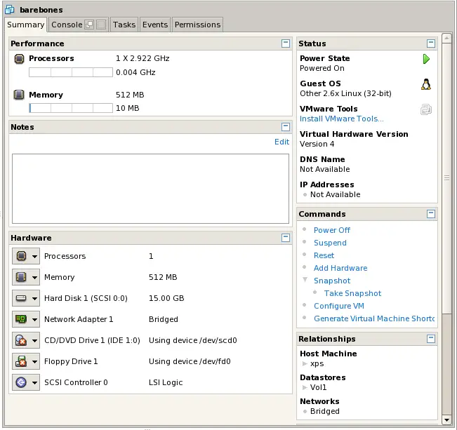 The VI Web Access Workspace in Virtual Machine Mode