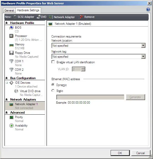 The hardware settings for a hardware profile