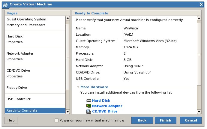 The VMware Server 2.0 New Virtual Machine Summary Page