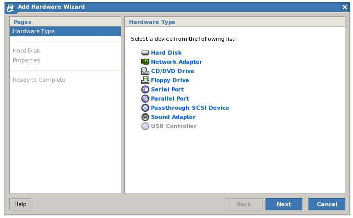 The VMware Server Add Hardware Wizard