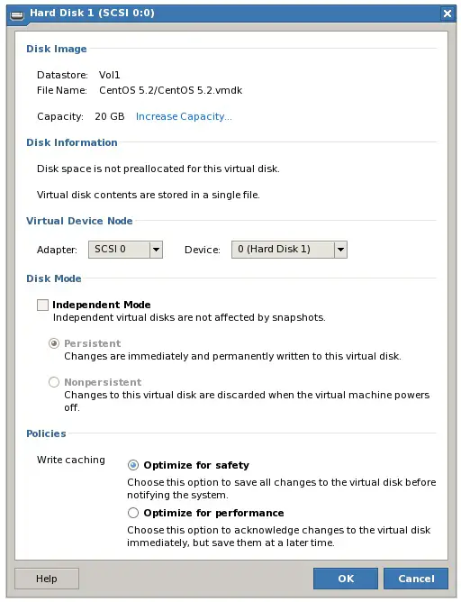 Editing the settings for a VMware Server virtual disk