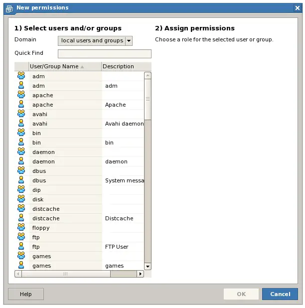 Defining the user or group for a new VMware Server permission