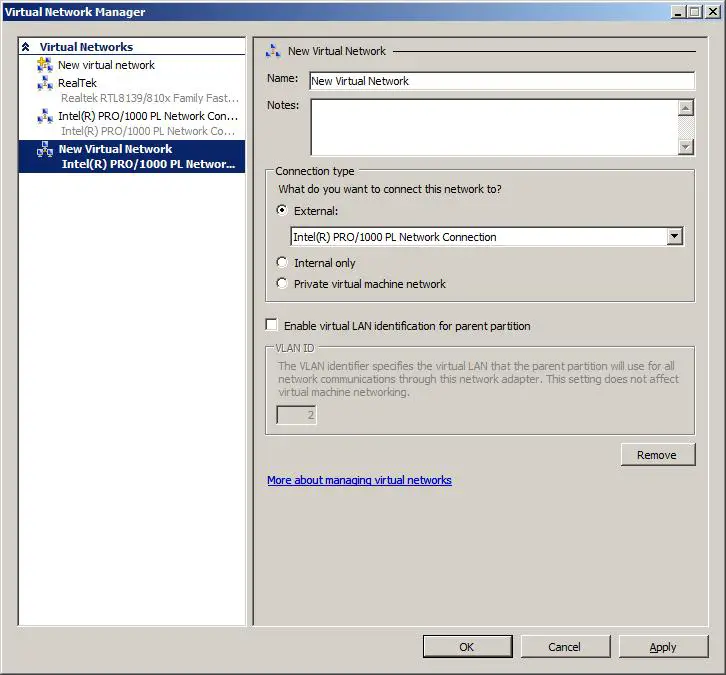 The Hyper-V Virtual Network Settings Screen