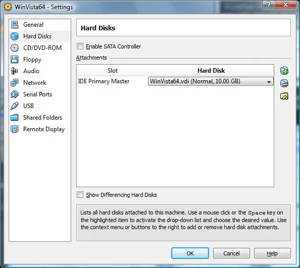 VirtualBox Virtual Machine Hard Disk settings