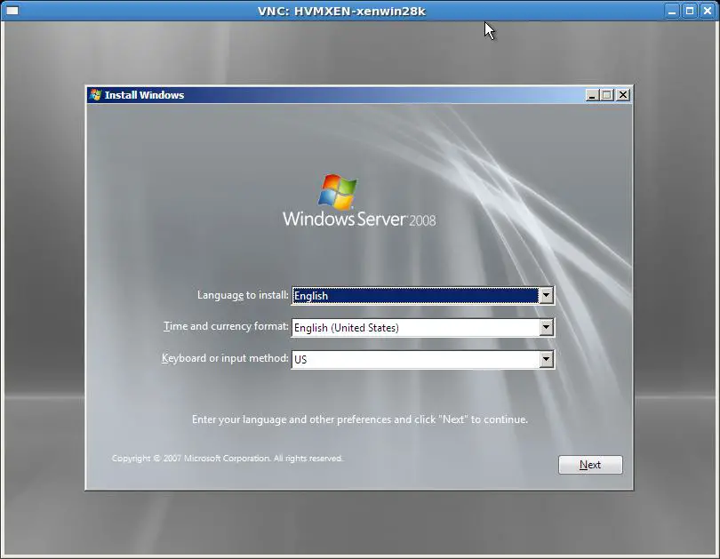 Windows Server 2008 Installing as a Xen HVM Guest